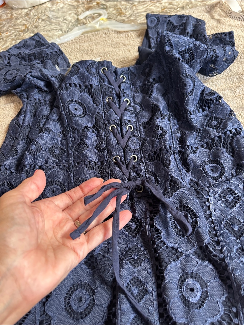 Y2K NWT Aeropostale Charcoal Navy Blue Crochet Lace-Up Mini Dress - Picture 5 of 6